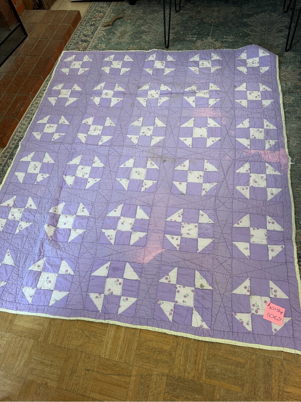 Purple Patchwork Cotton Quilt - Lavender and White vintage